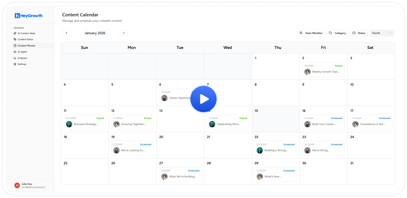 HeyGrowth content calendar dashboard preview in homepage hero